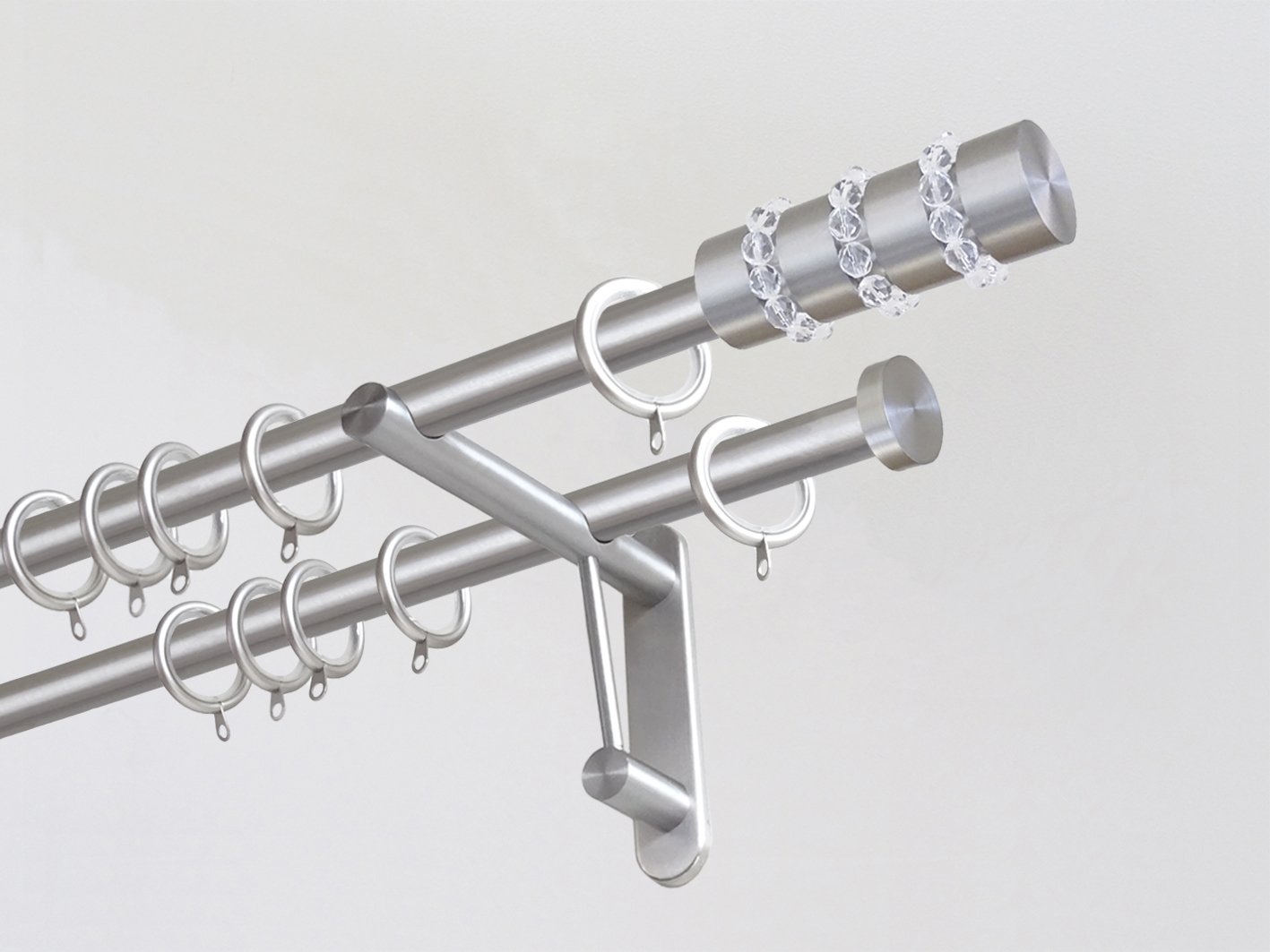 Walcot House | Designer stainless steel metal double curtain pole duo system set with decorative glass beaded finials