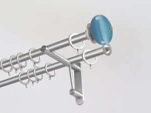 Double 19mm stainless steel curtain pole duo system set with glass moonstone finials in Mediterranean