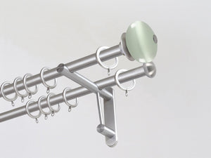 Double 19mm stainless steel curtain pole duo system set with glass moonstone finials in opal