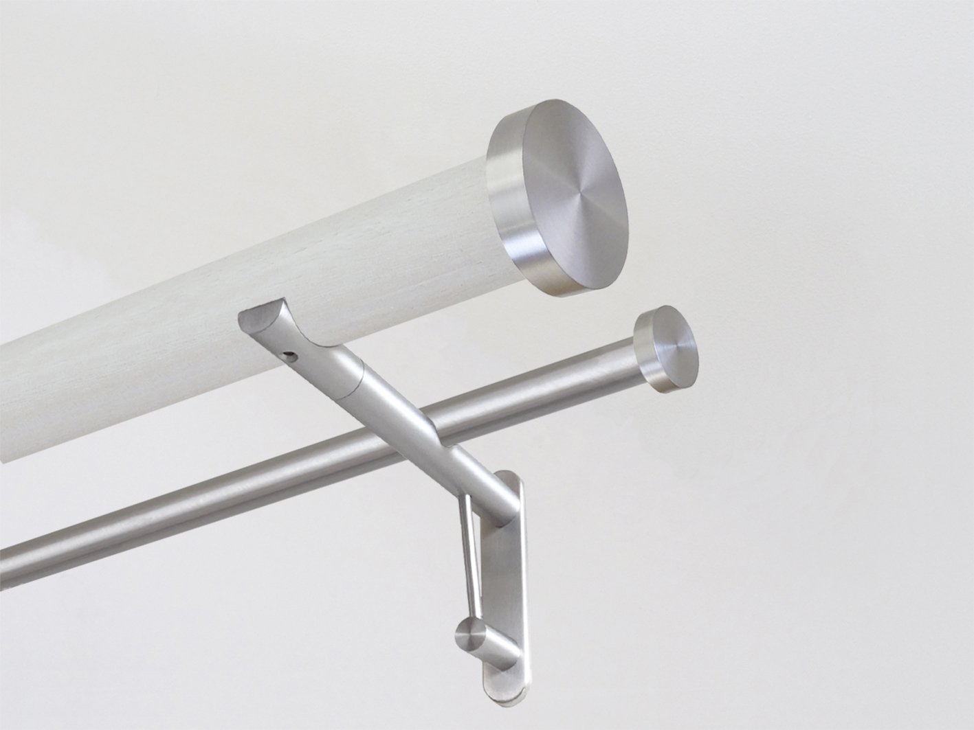 50mm dia. White ecru stained wooden double curtain pole by Walcot House with stainless steel finials