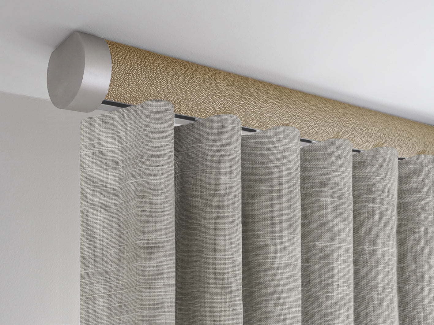 Flush ceiling fix curtain pole in honeycomb gold by Walcot House