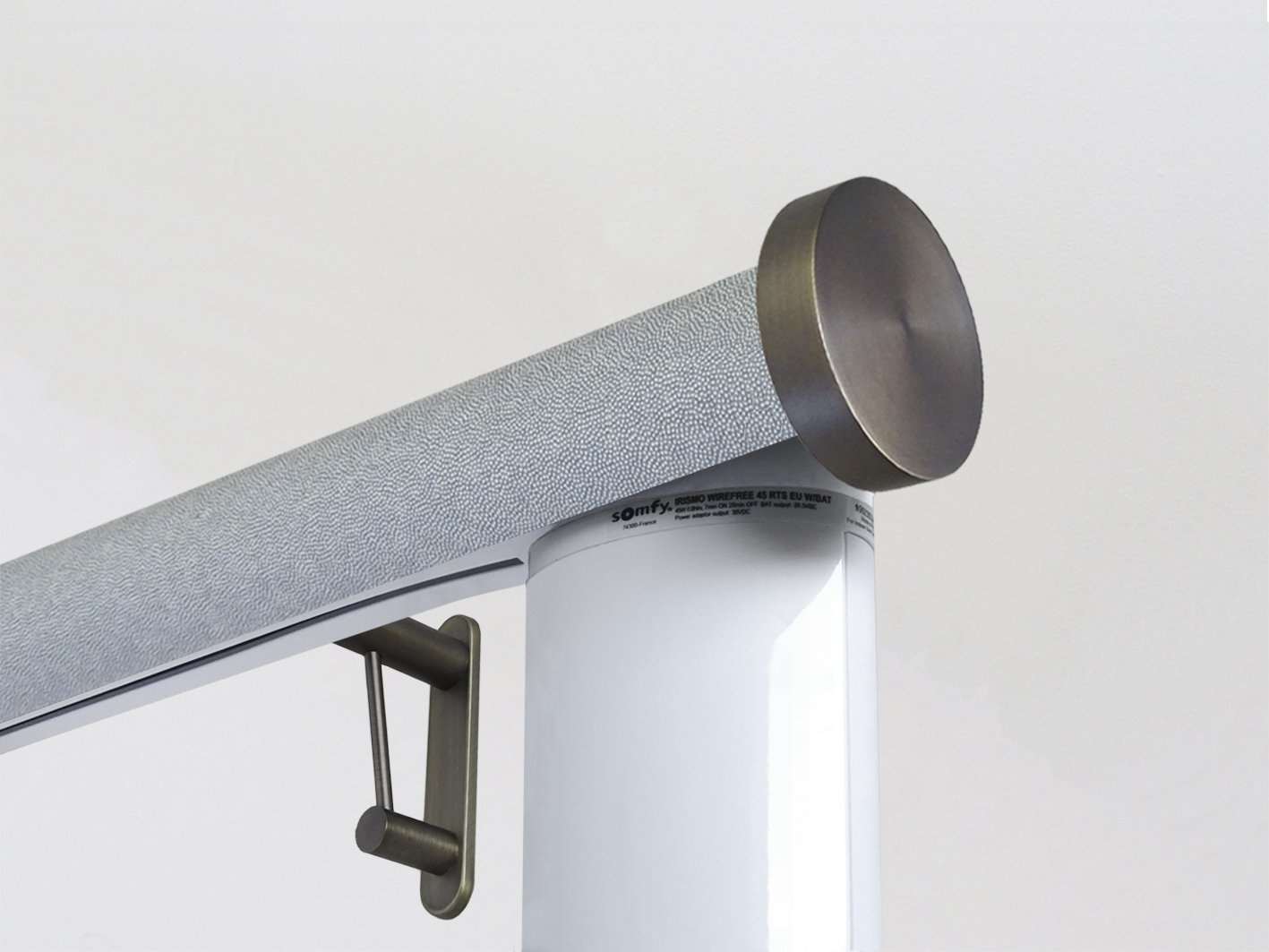 Motorised electric curtain pole in moonlight blue-grey, wireless & battery powered using the Somfy Glydea track | Walcot House UK curtain pole specialists