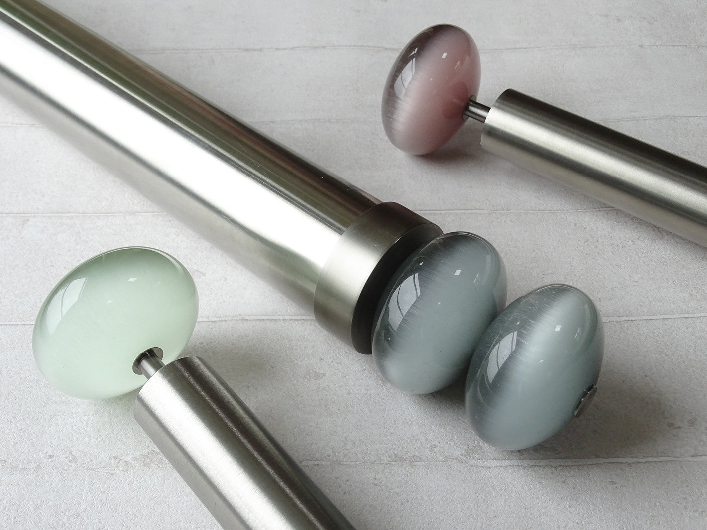 30mm diameter stainless steel curtain pole collection with coloured glass moonstone finials