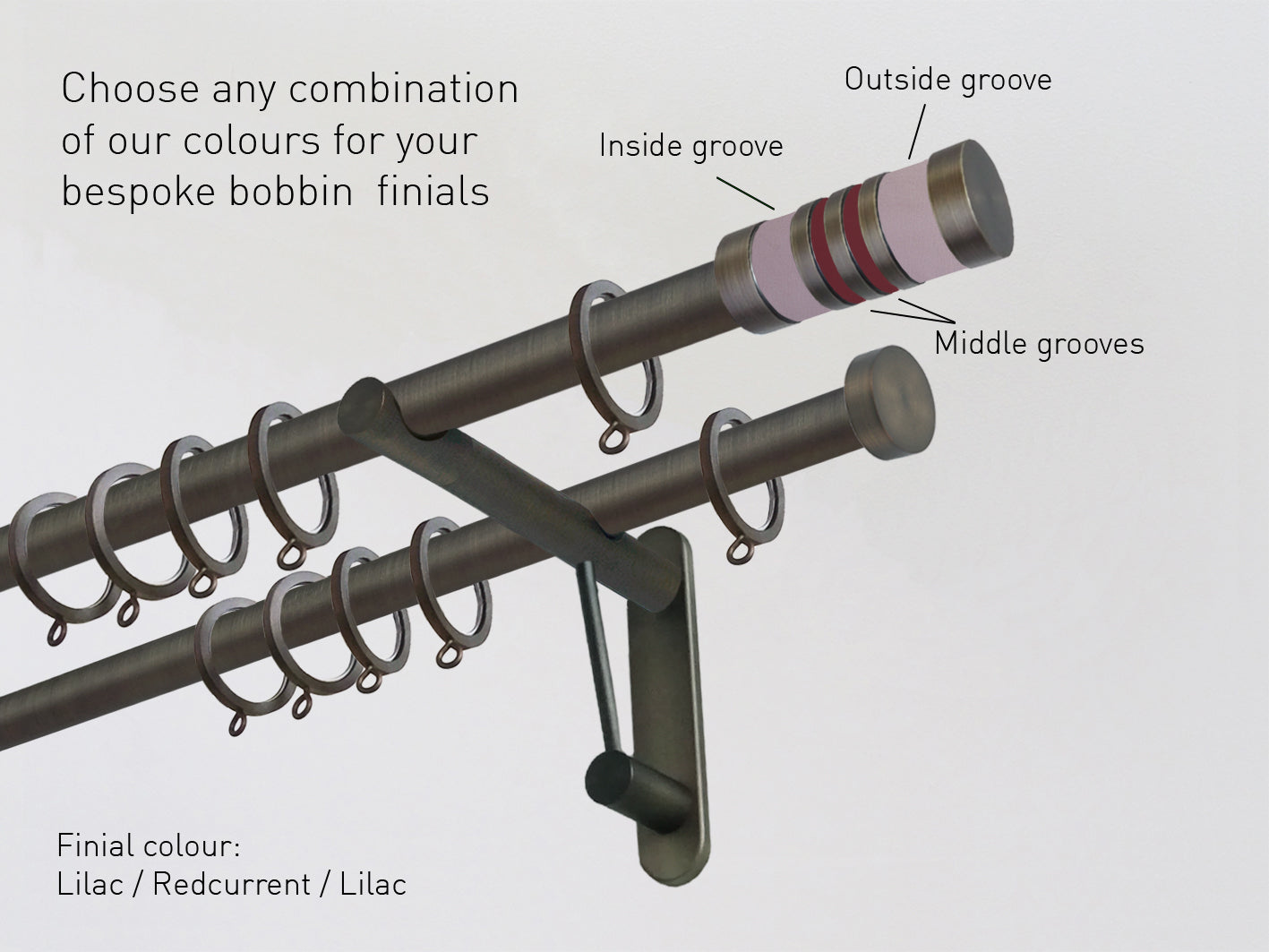 19mm dia. brushed bronze double curtain pole set with bobbin finials