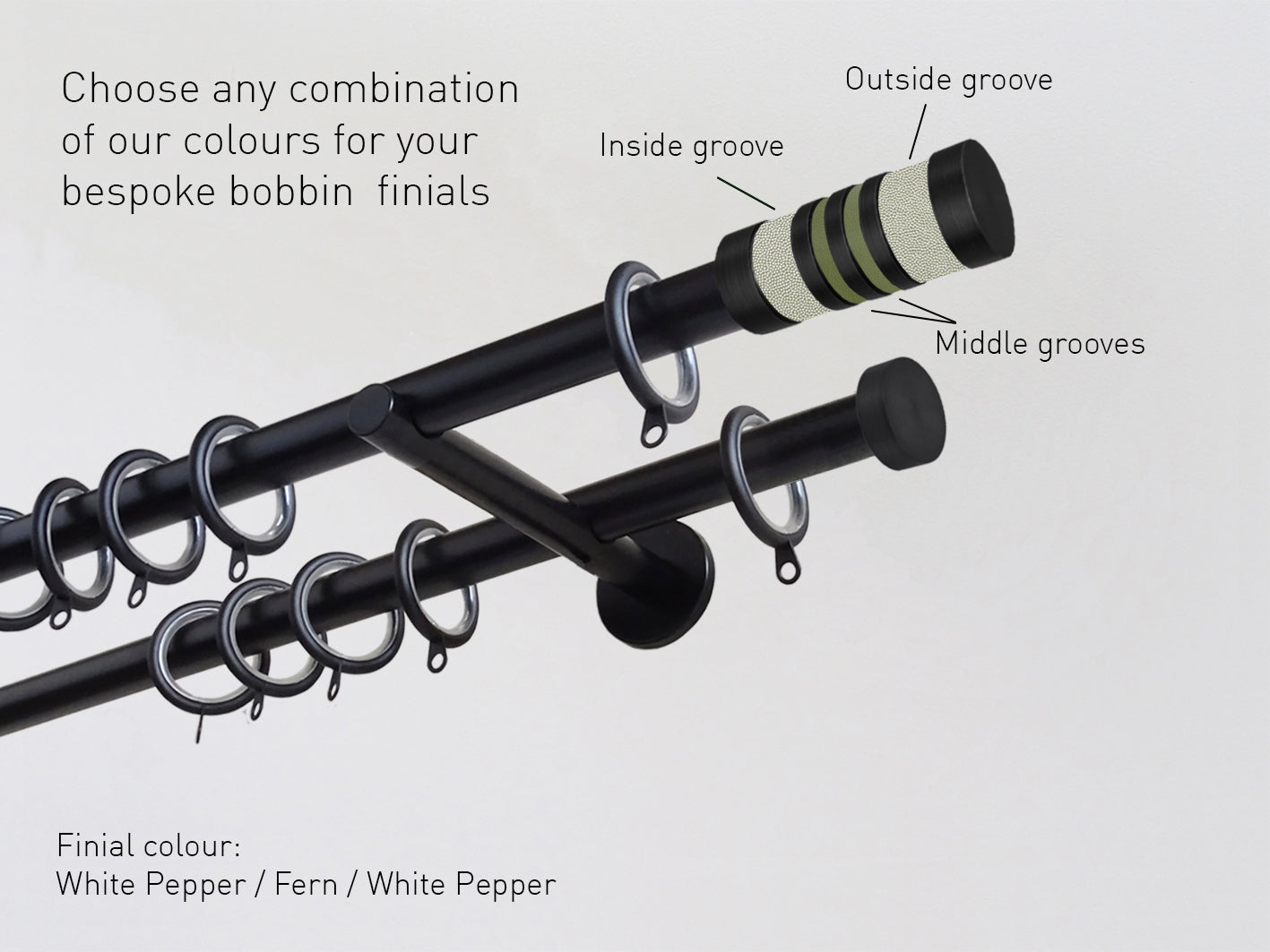 19mm black double pole set with bespoke coloured finials | Walcot House UK