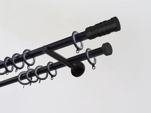 19mm matt black metal double pole set with bespoke coloured finials | Walcot House UK
