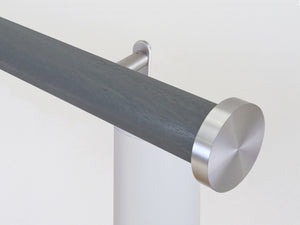Motorised wooden curtain pole in dark blue grey stain and stainless steel hardware | Walcot House UK