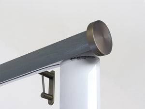 Motorised wooden curtain pole in dark blue grey stain and bronze hardware | Walcot House UK