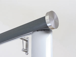 Motorised wooden curtain pole in dark blue grey stain and stainless steel hardware | Walcot House UK