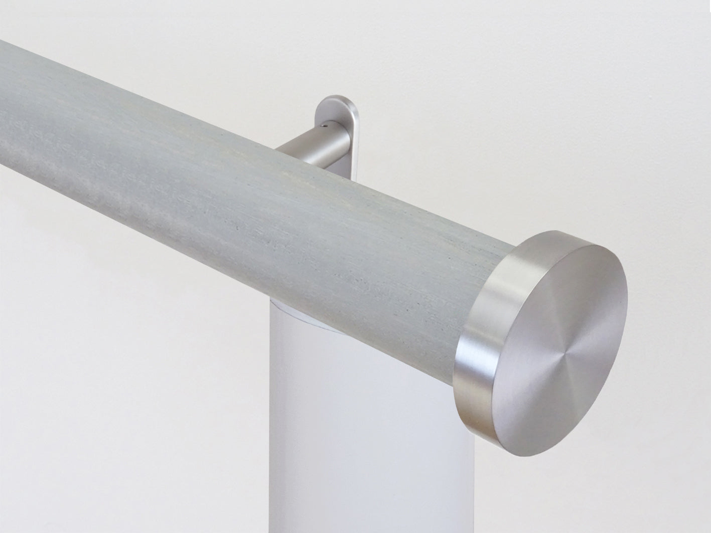 Motorised wooden curtain pole in blue grey stain and stainless steel hardware | Walcot House UK