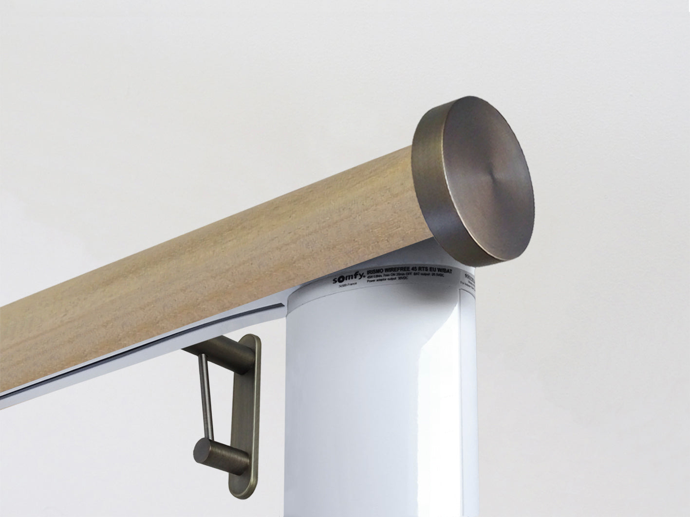 Motorised cotswold oak wooden curtain pole with Somfy motor | Walcot House UK