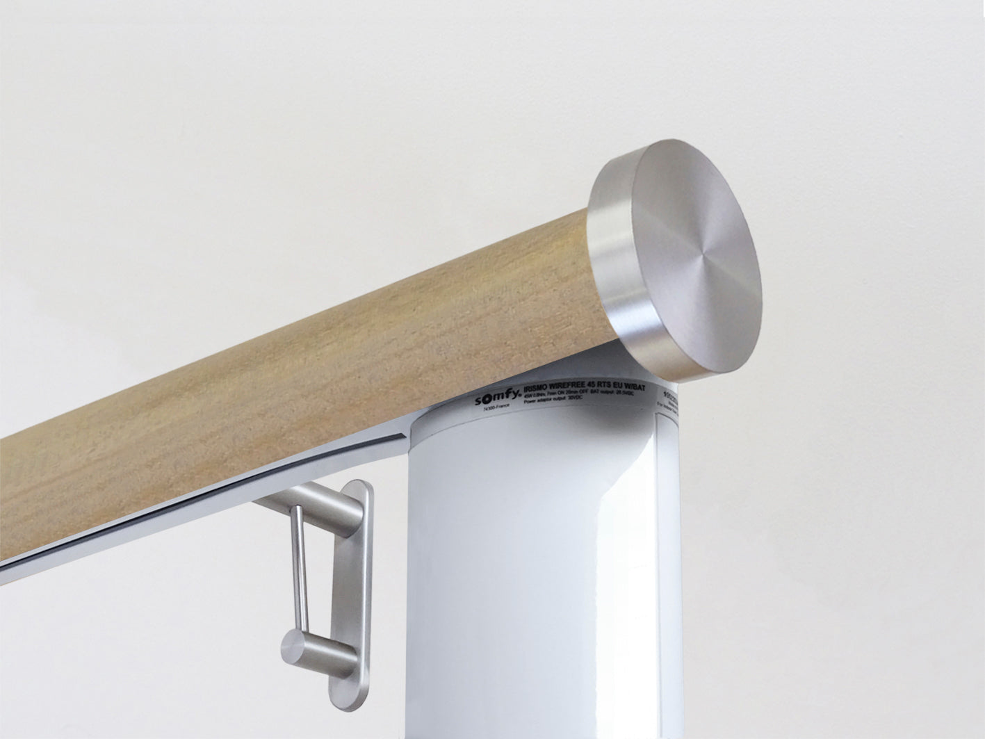 Motorised cotswold oak wooden curtain pole with Somfy motor | Walcot House UK