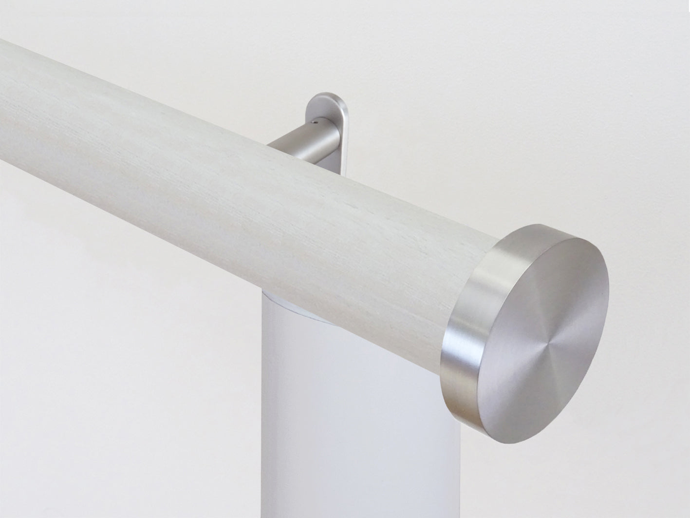 Motorised wooden curtain pole in white stain and stainless steel hardware | Walcot House UK