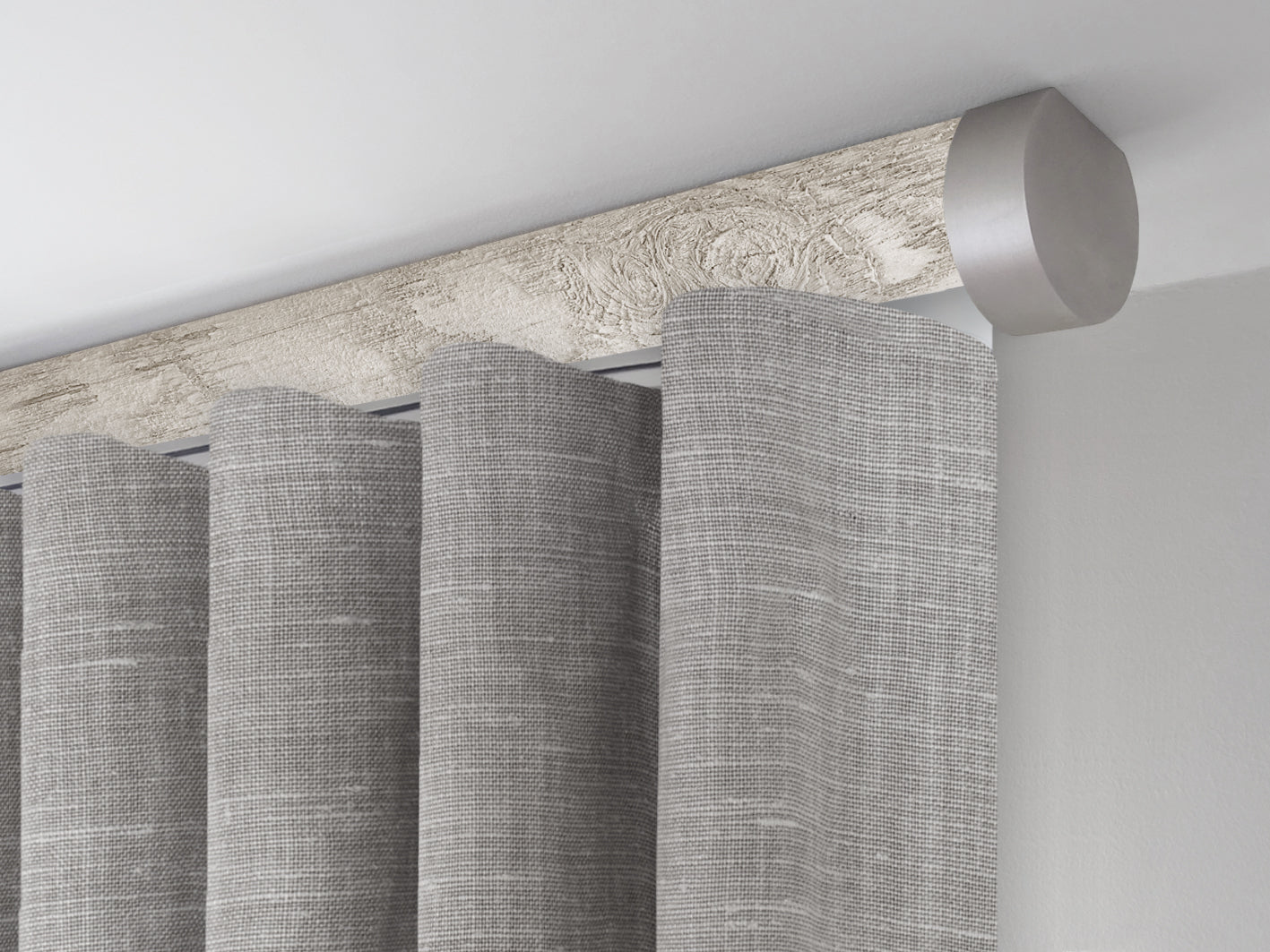 Motorised ceiling fix curtain pole set in 50mm dia. ground almond wrap with end cap finials