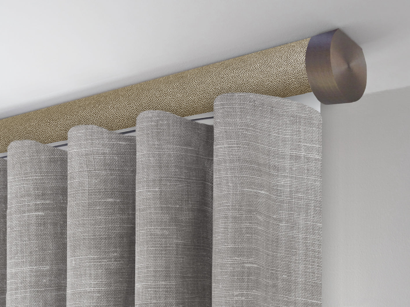 Motorised ceiling fix curtain pole set in 50mm dia. honeycomb wrap with end cap finials