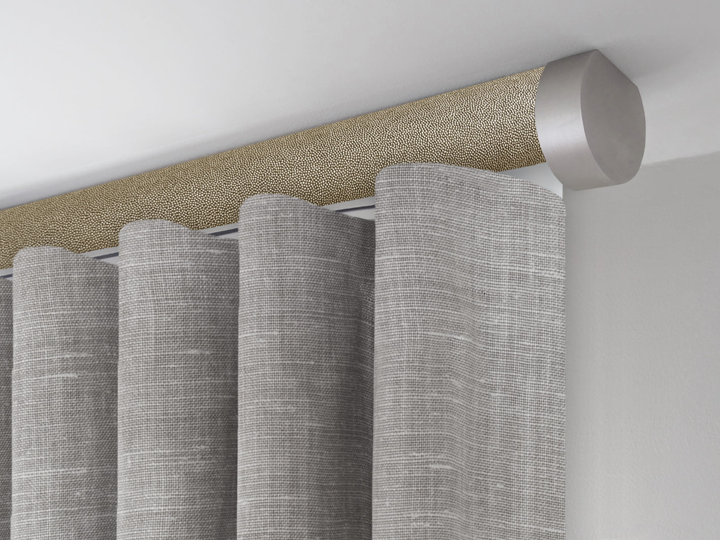 Motorised ceiling fix curtain pole set in 50mm dia. honeycomb wrap with end cap finials