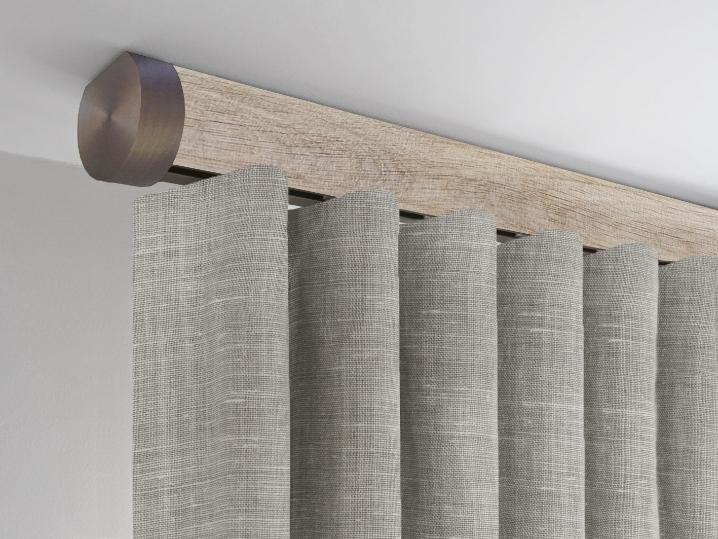 50mm dia. tracked ceiling fix curtain pole set in unfinished real oak with end cap finials