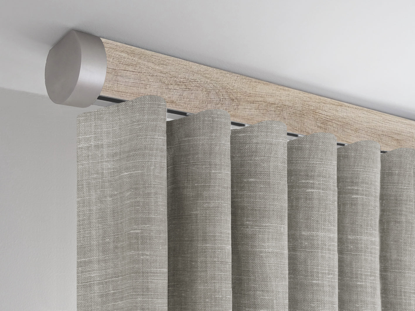 50mm dia. tracked ceiling fix curtain pole set in unfinished real oak with end cap finials