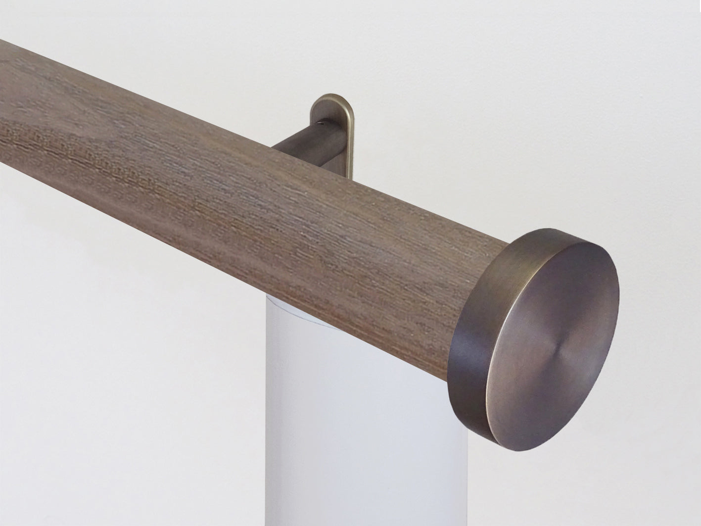 Motorised wooden curtain pole in dark oak stain and antique brass hardware | Walcot House UK