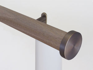 Motorised wooden curtain pole in dark oak stain and antique brass hardware | Walcot House UK