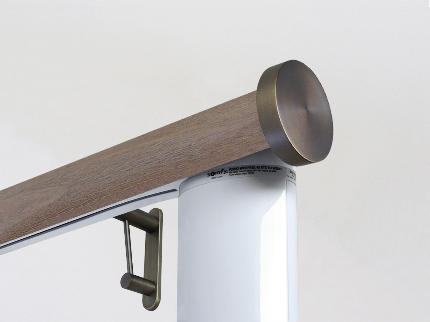 Motorised dark oak wooden curtain pole with Somfy motor | Walcot House UK