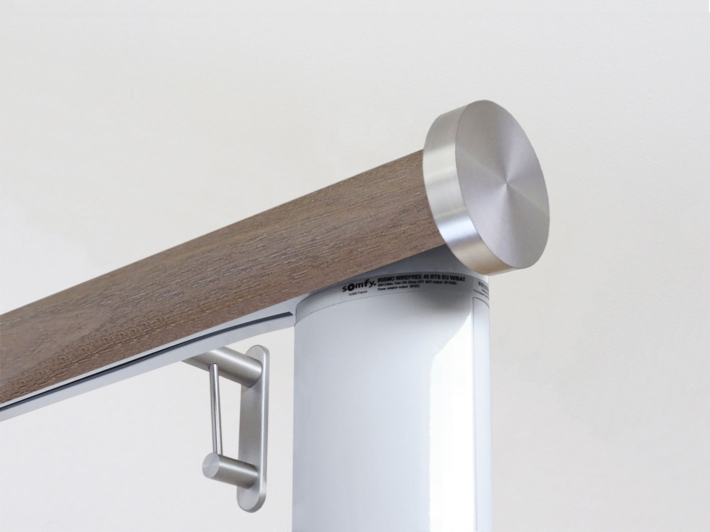 Motorised dark oak wooden curtain pole with Somfy motor | Walcot House UK