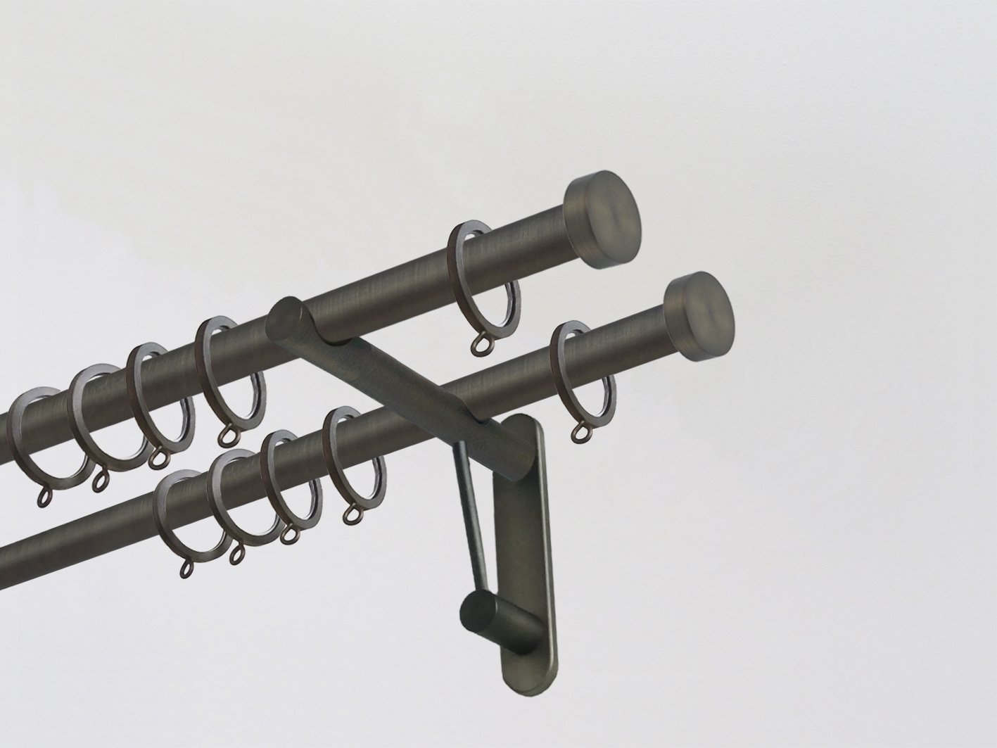 Walcot House | Designer brushed bronze metal double curtain pole set with clean and modern mini disc finials