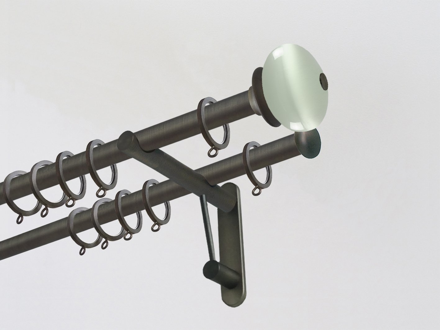 Double 19mm brushed bronze curtain pole duo system set with glass moonstone finials in opal