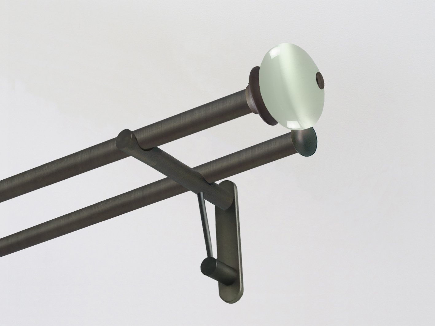 Double 19mm brushed bronze curtain pole duo system set with glass moonstone finials in opal