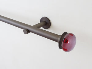 Antique bronze curtain pole set with crimson red glass lunar finials in 19mm