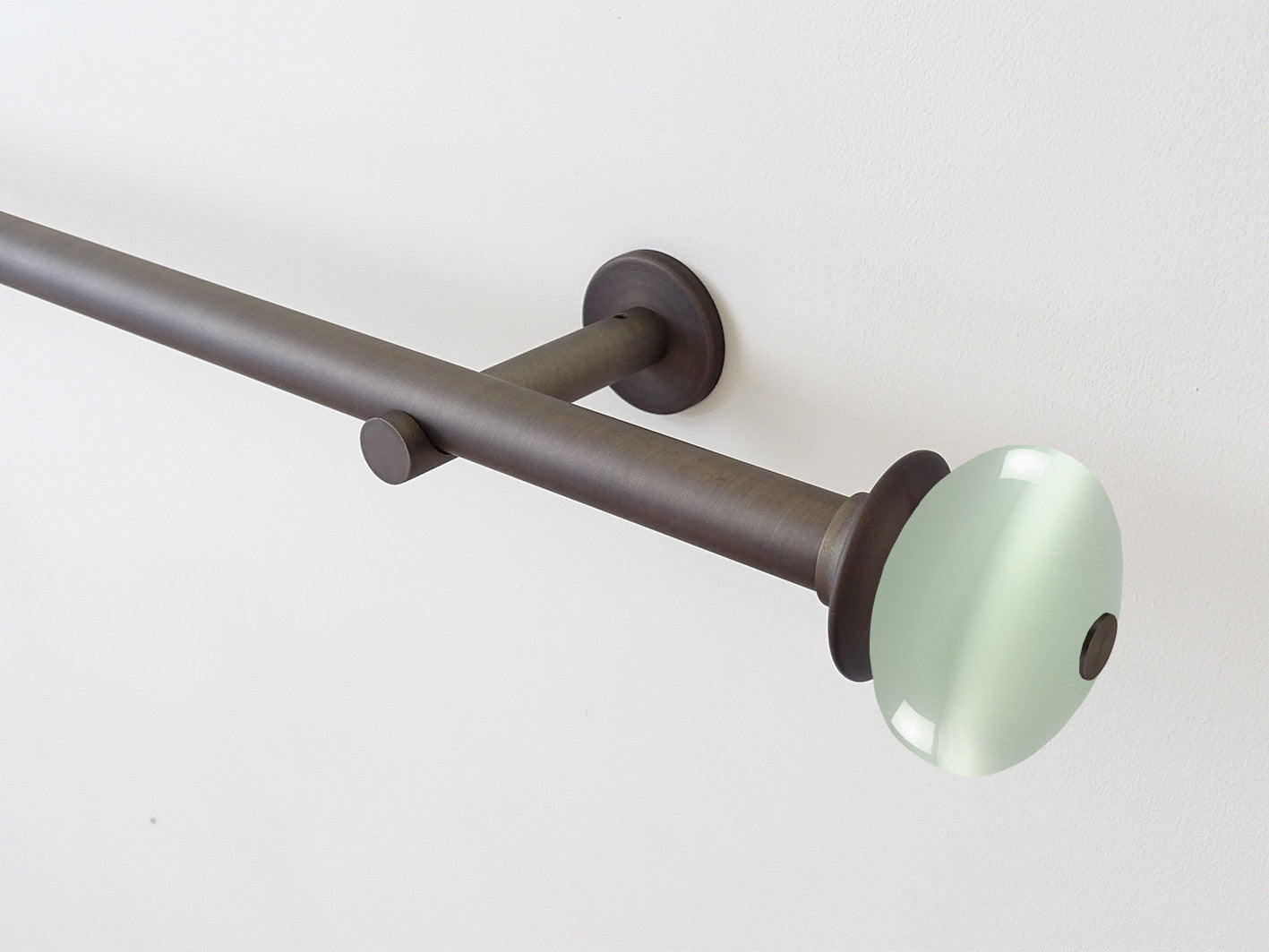 19mm brushed bronze curtain pole set with glass moonstone finials in opal white