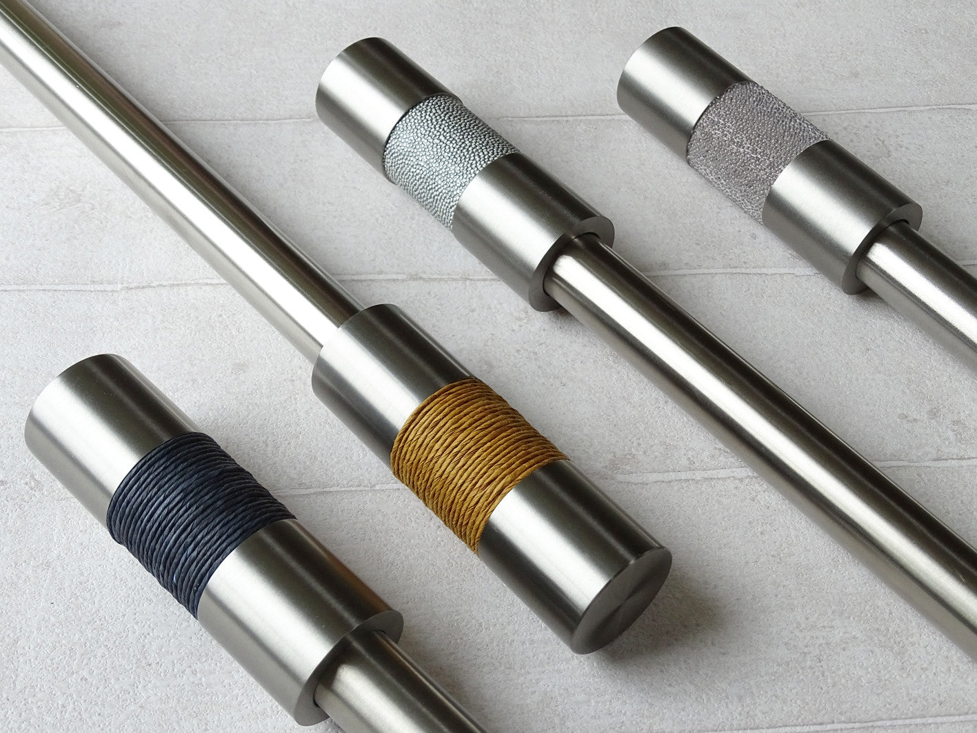 19mm diameter stainless steel curtain pole sets with steel barrel finials in orca blue