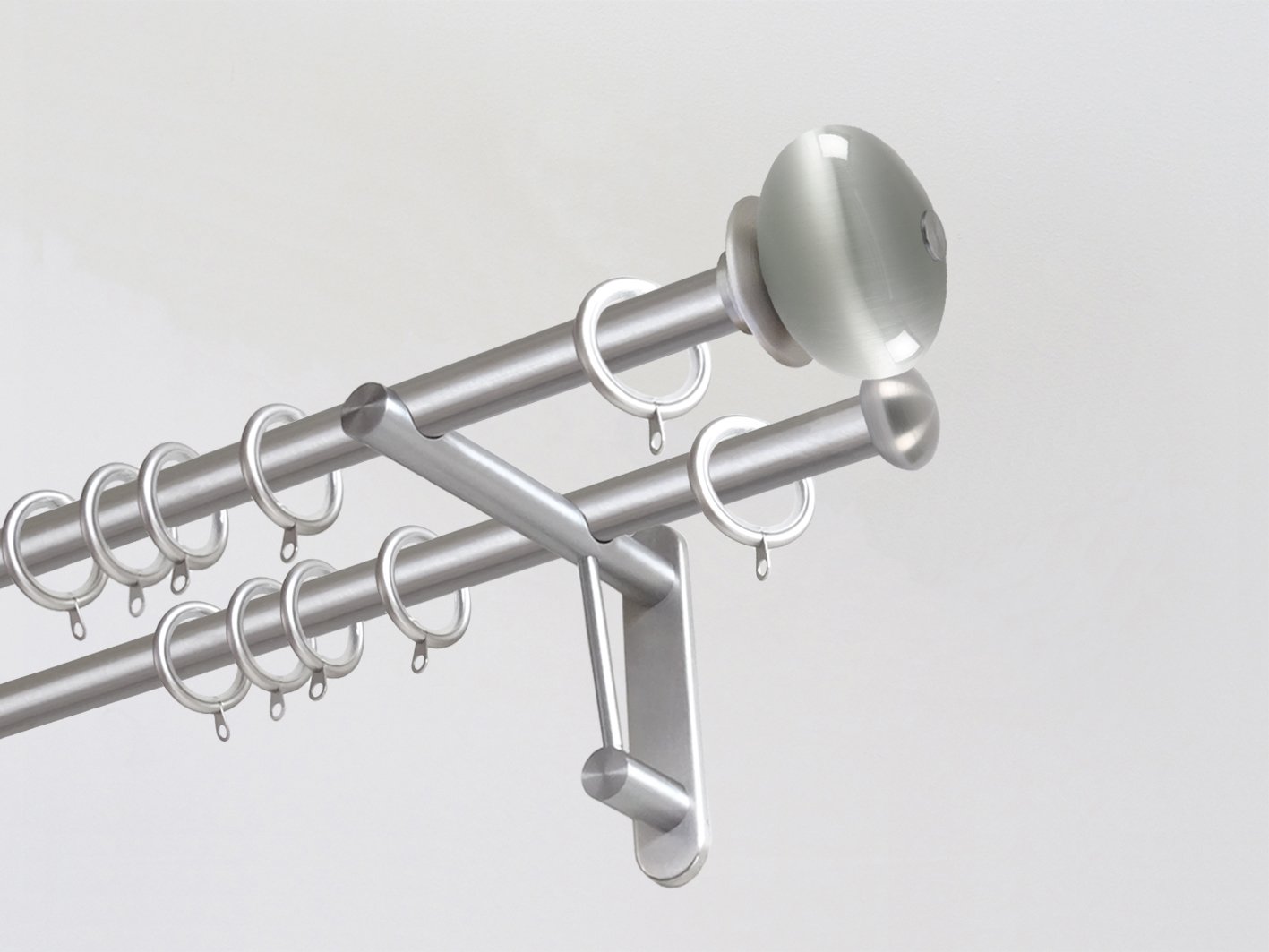 Double 19mm stainless steel curtain pole duo system set with glass moonstone finials in cloud
