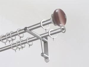 Double 19mm stainless steel curtain pole duo system set with glass moonstone finials in crocus