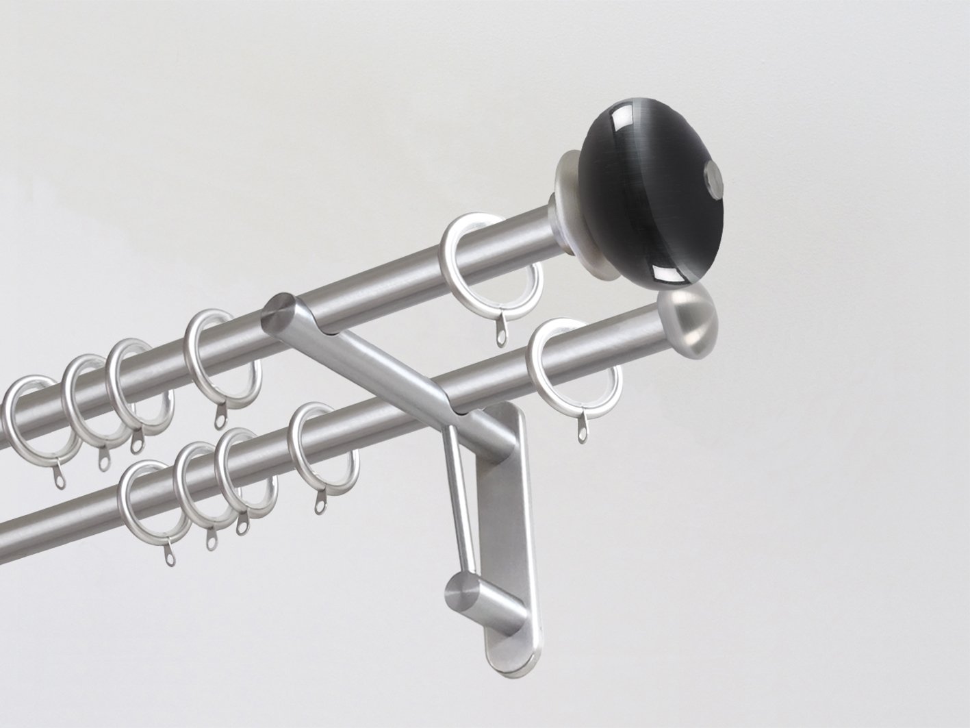 Double 19mm stainless steel curtain pole duo system set with glass moonstone finials in graphite