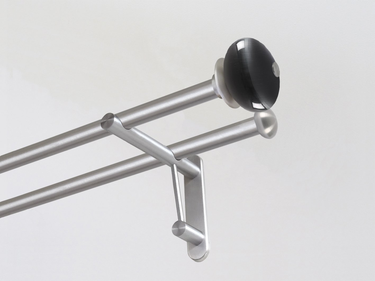 Double 19mm stainless steel curtain pole duo system set with glass moonstone finials in graphite