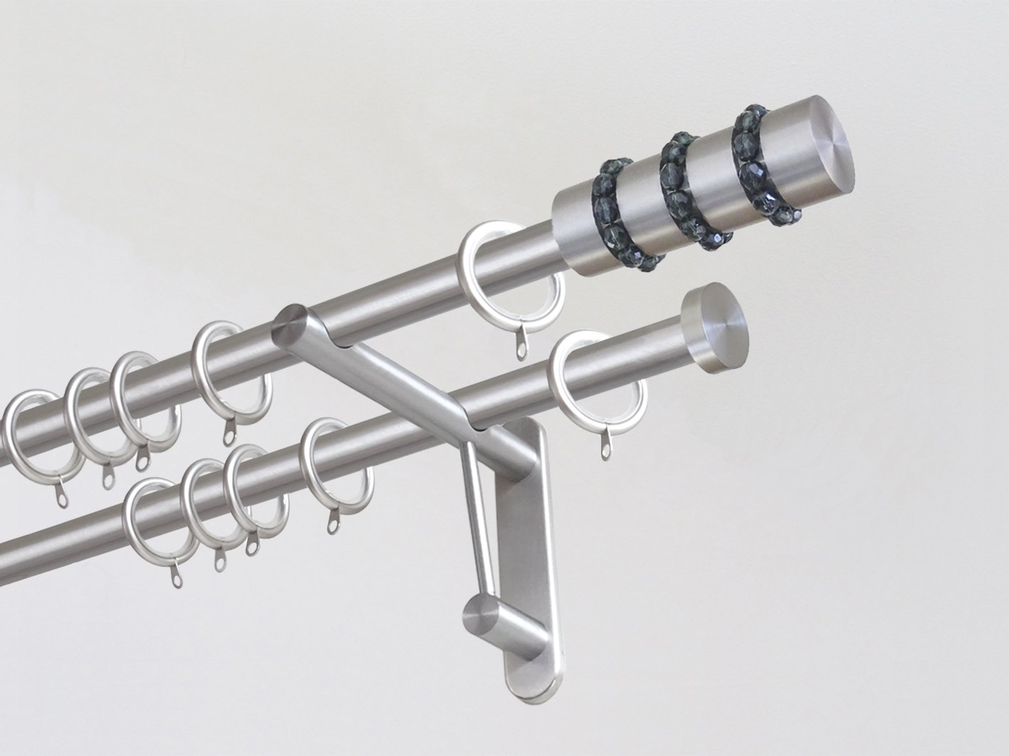 Walcot House | Designer stainless steel metal double curtain pole duo system set with decorative glass beaded finials