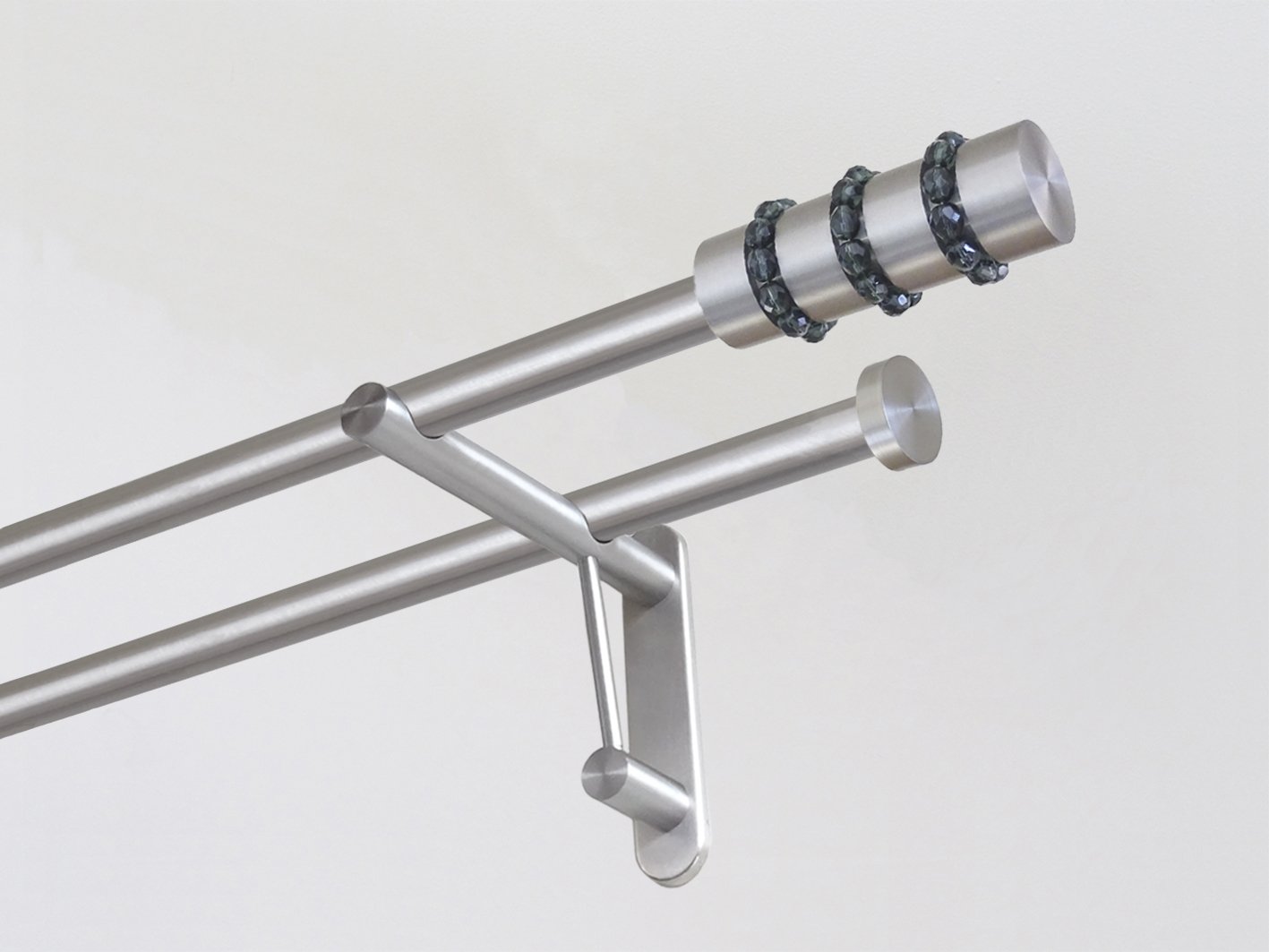 Walcot House | Designer stainless steel metal double curtain pole duo system set with decorative glass beaded finials