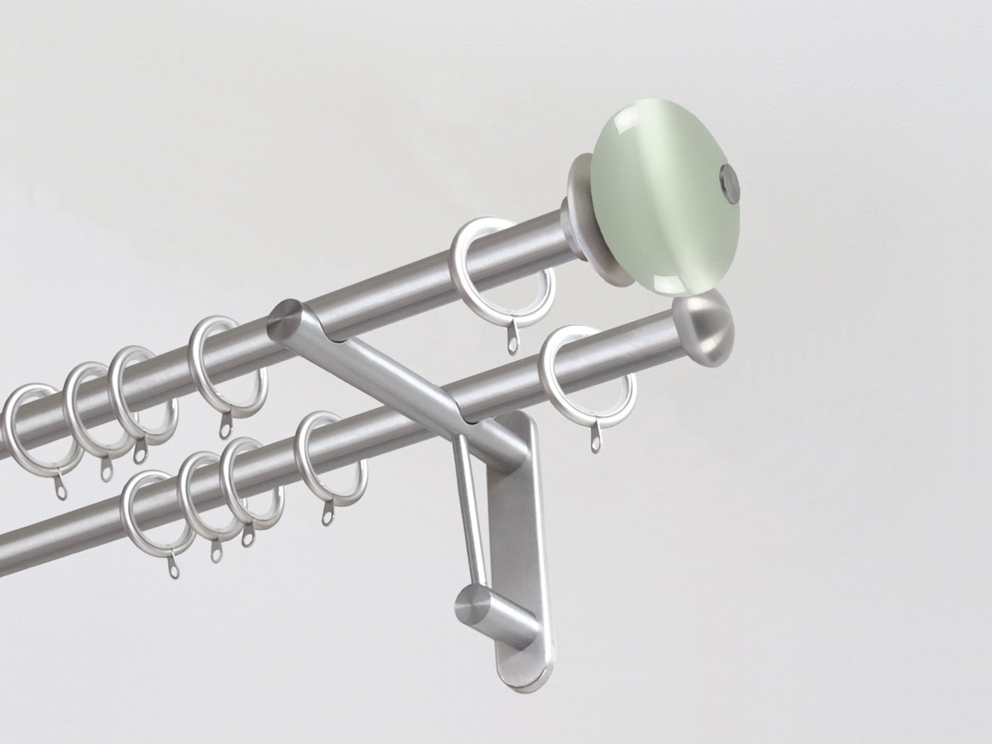 Double 19mm stainless steel curtain pole duo system set with glass moonstone finials in opal