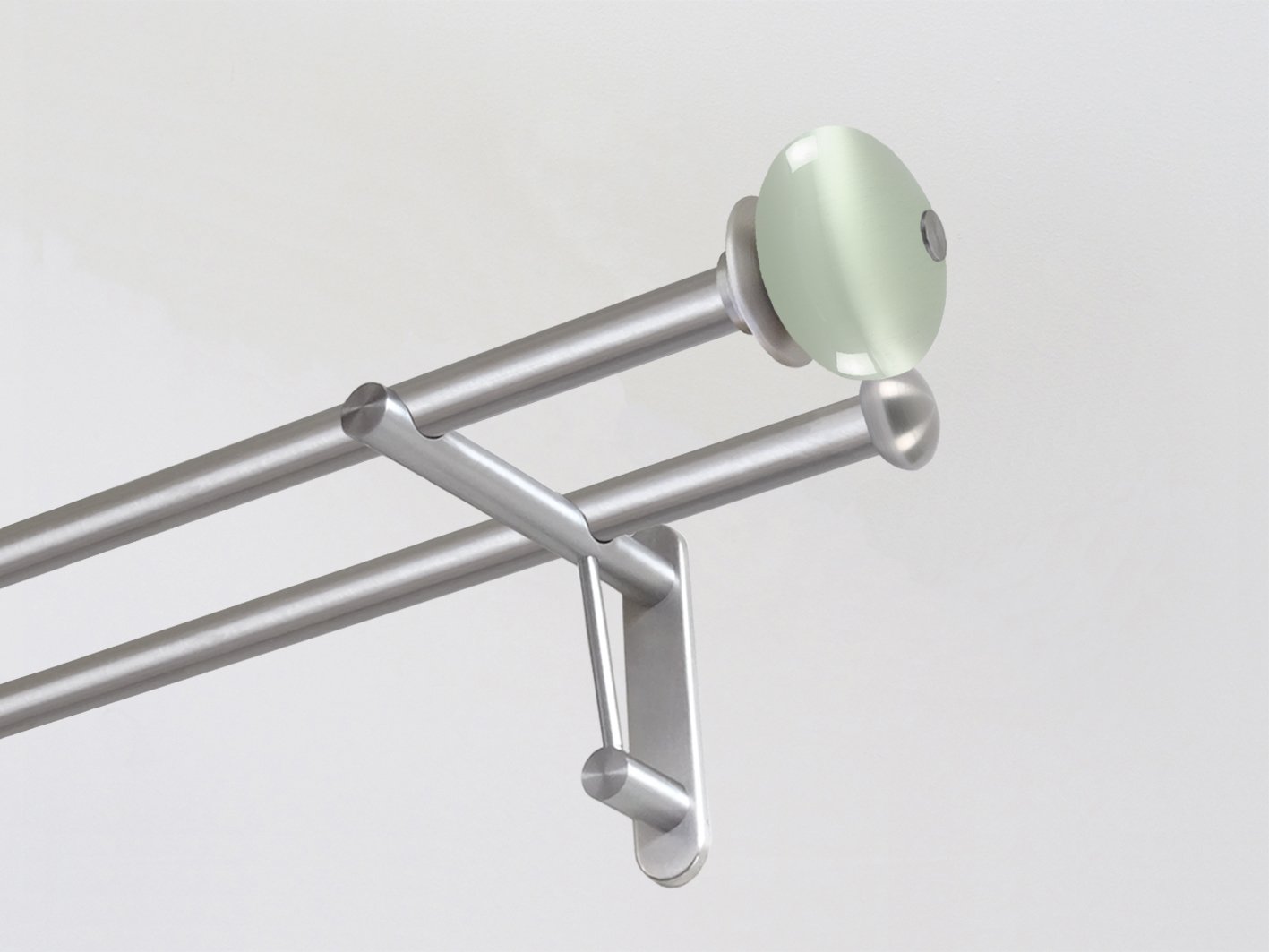 Double 19mm stainless steel curtain pole duo system set with glass moonstone finials in opal