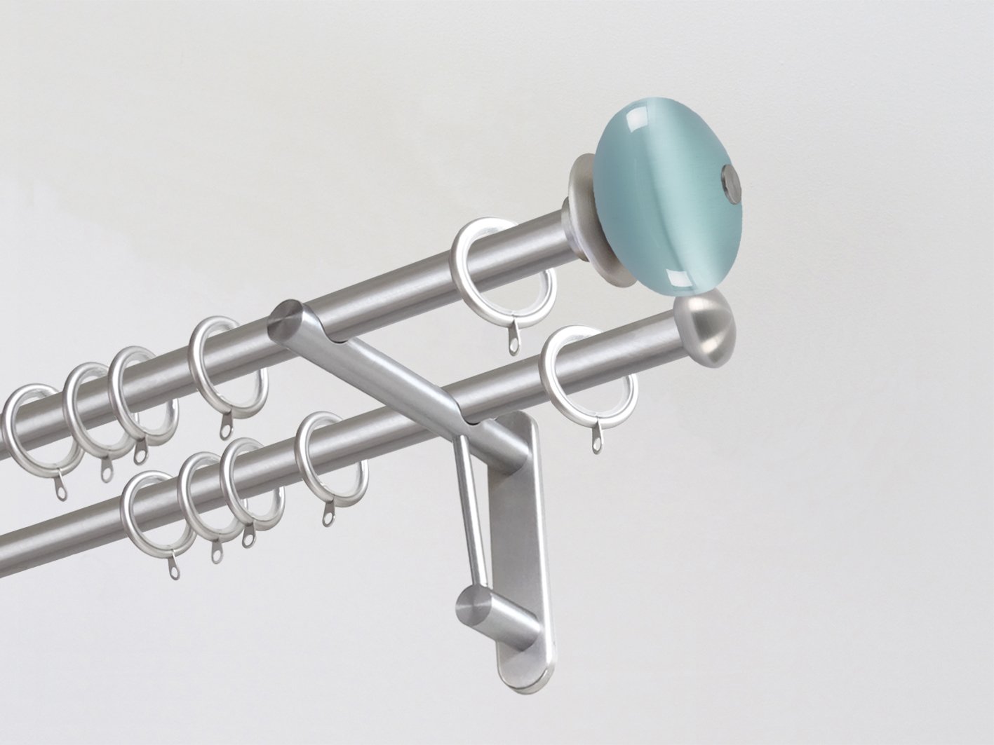 Double 19mm stainless steel curtain pole duo system set with glass moonstone finials in pale aqua