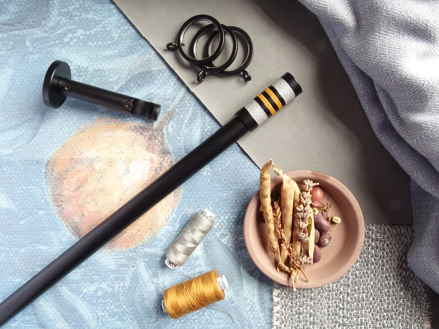 Black curtain pole with colourful bobbin finial | Walcot House UK