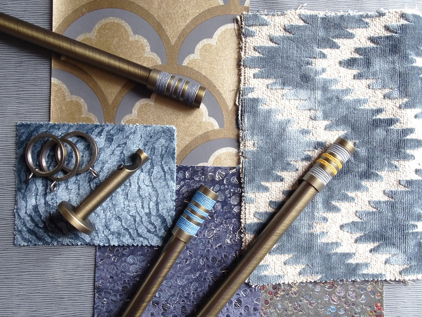 antique brass/brushed bronze curtain pole set with bespoke coloured finials