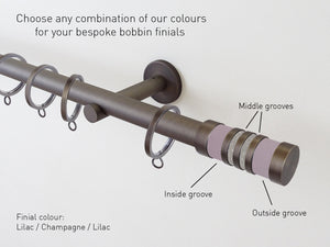 antique brass/brushed bronze curtain pole set with bespoke coloured finials