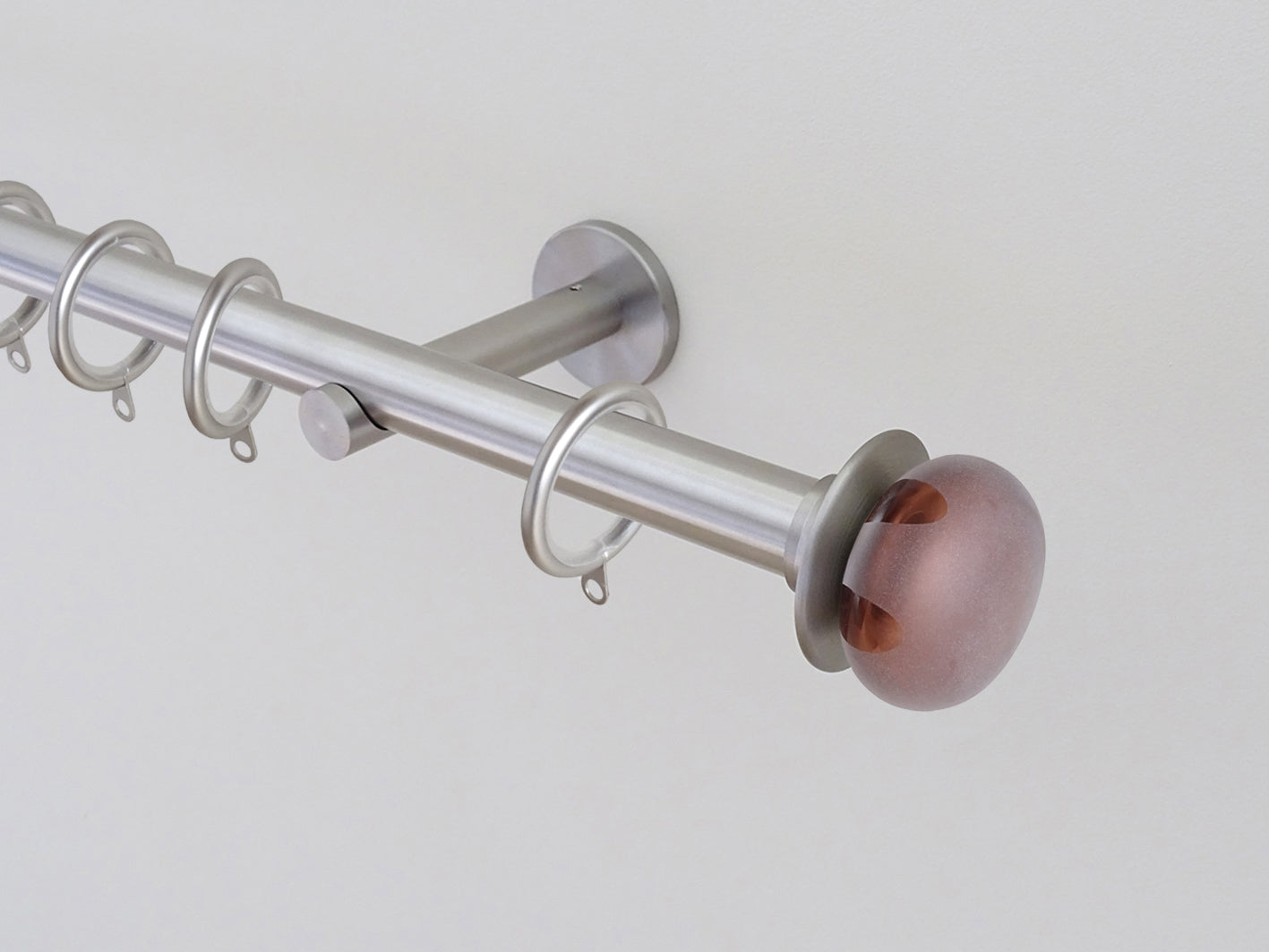 Designer stainless steel curtain pole set with coloured glass lunar finials  | Walcot House