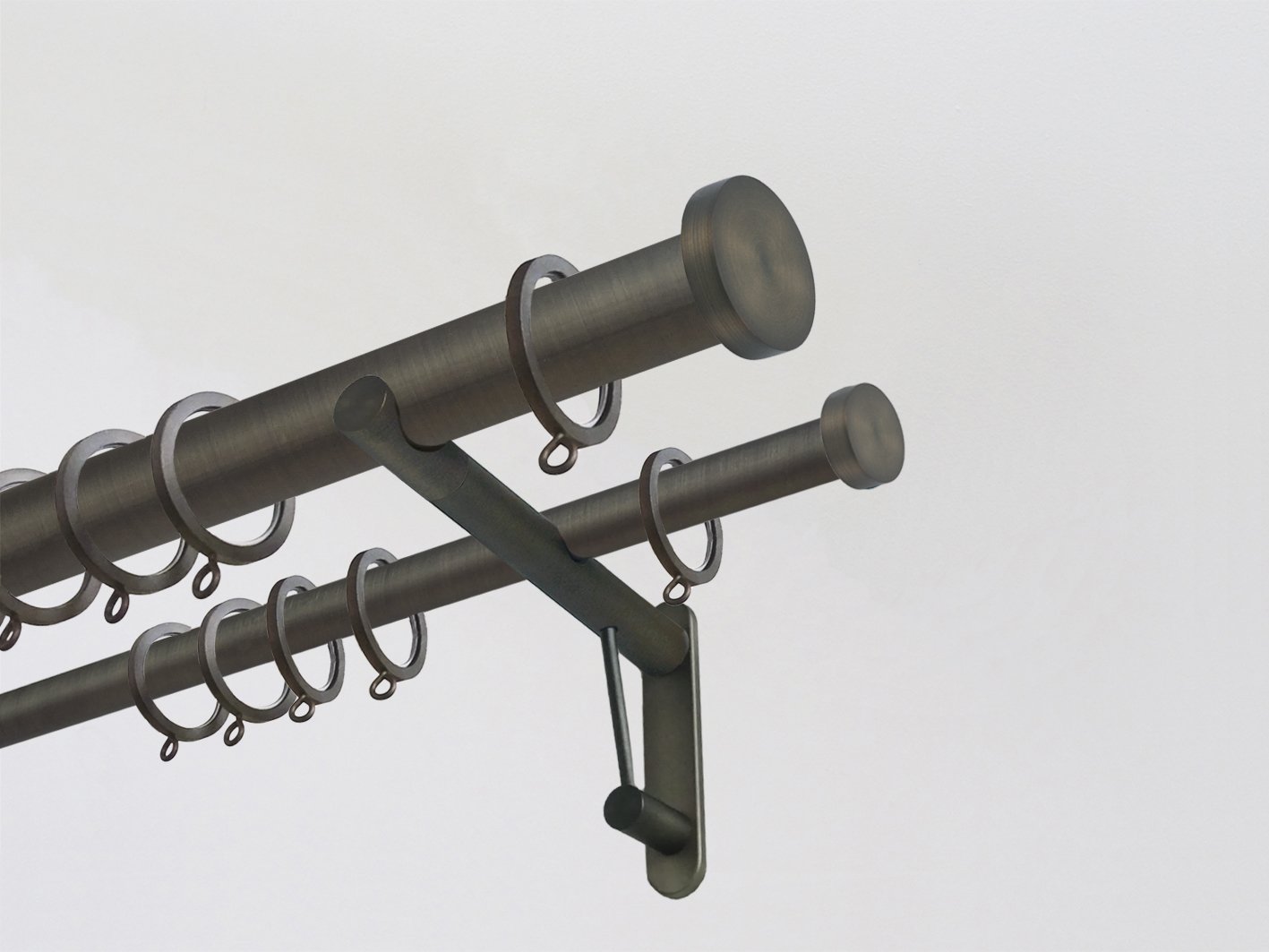 double 30mm antique brass curtain pole, traditional, classic, modern, Mini disc, cap end finials, 30mm diameter brushed bronze curtain pole