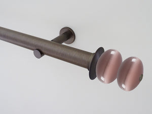 Antique brass curtain pole set with crocus pink glass moonstone finials | Walcot House 
