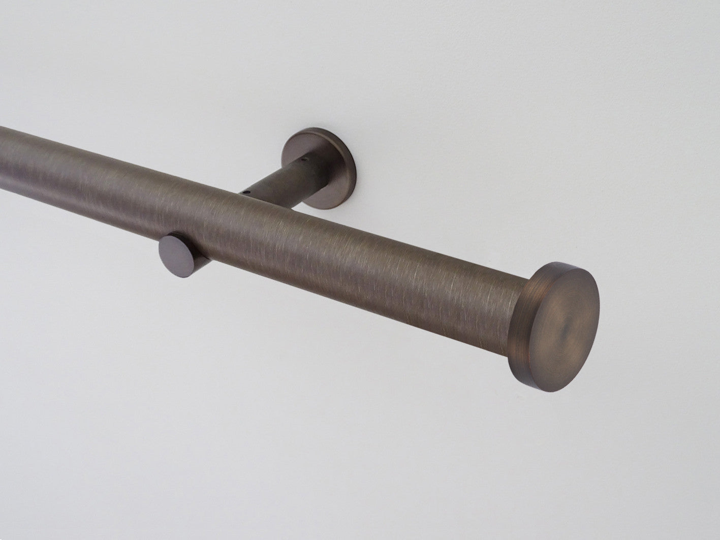 antique brass curtain pole, traditional, classic, modern, Mini disc, cap end finials, 30mm diameter brushed bronze curtain pole