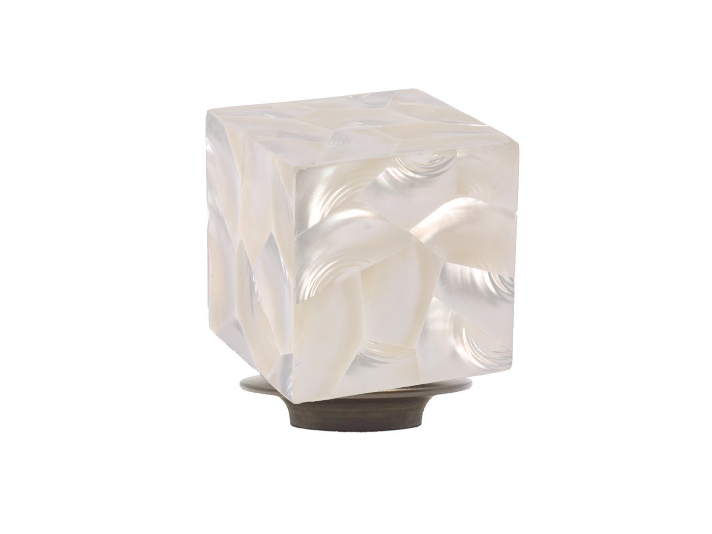 Designer curtain pole finial | Troca Satin white riva cube shell with bronze plate