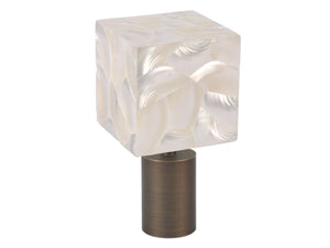 Designer curtain pole finial | Troca Satin white riva cube shell with bronze spigot